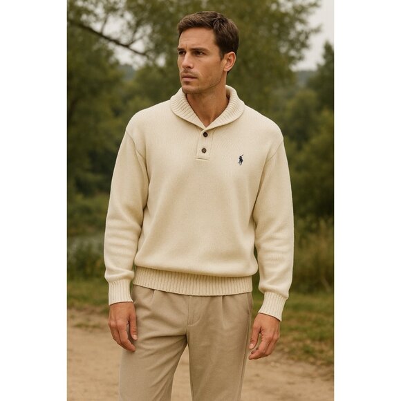 VTG Polo Ralph Lauren 100% Cotton Shawl Collar Sweater XL Ivory Cream Pullover - Picture 1 of 8